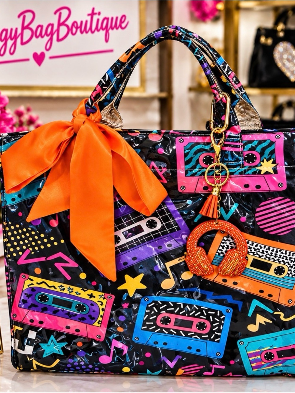 Colorful Retro Cassette Tote Bag with Orange Bow - Women Bags
